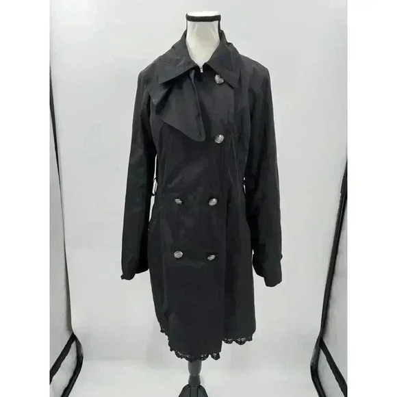 Betsey Johnson Women's Black Button-Up Trench Coat with Lace Trim Detail Medium - Picture 2 of 6